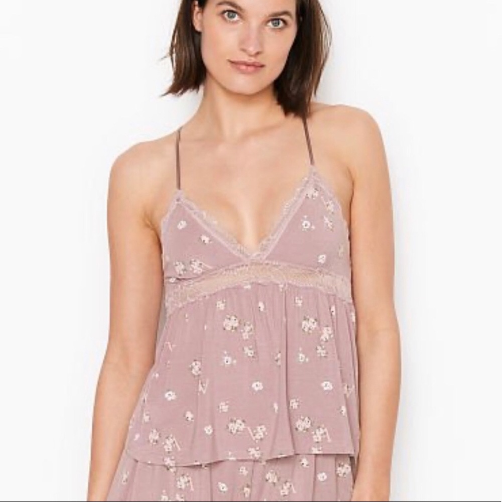 Victoria's Secret Modal Lace Cami And Shorts In Smoke Floral Logo Size S